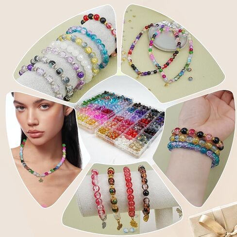 8mm Glass Beads for Bracelet Making kit,48 Colors 1450 pcs Crackle Glass Beads and Metal Spacer Beads/Pendant for Jewelry Making, Friendship Bracelet kit for DIY Gifts (Crackle Color) in Saudi Arabia