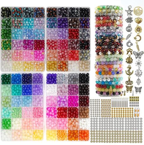 8mm Glass Beads for Bracelet Making kit,48 Colors 1450 pcs Crackle Glass Beads and Metal Spacer Beads/Pendant for Jewelry Making, Friendship Bracelet kit for DIY Gifts (Crackle Color) in Saudi Arabia