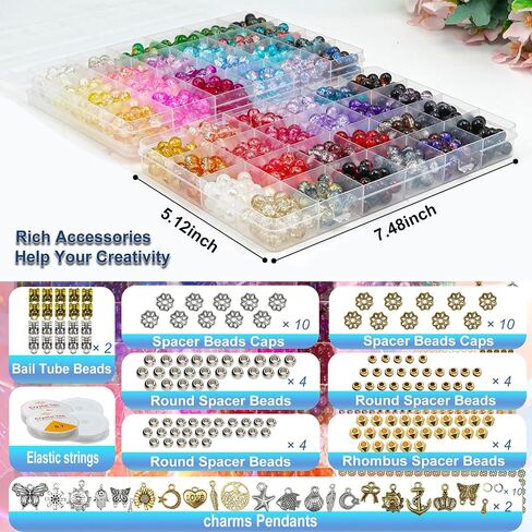 8mm Glass Beads for Bracelet Making kit,48 Colors 1450 pcs Crackle Glass Beads and Metal Spacer Beads/Pendant for Jewelry Making, Friendship Bracelet kit for DIY Gifts (Crackle Color) in Saudi Arabia