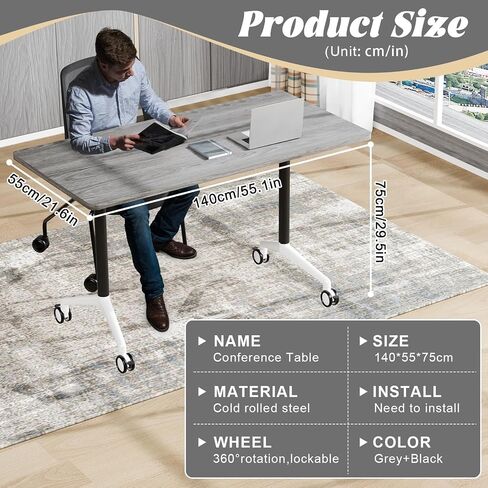 Conference Room Table,55.1'' Conference Table with Wheels, Modern Foldable Wood Color Conference Meeting Training Table,Rectangular Seminar Tables Suitable for 2-10 People (Wood 2) in Saudi Arabia