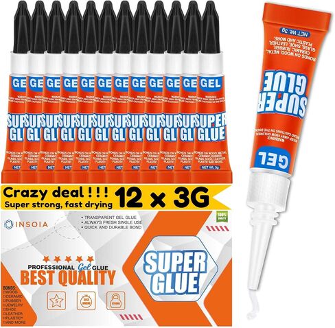Super Glue Gel Clear Non-Drip, 12 X 3g All Purpose Strong Adhesive Ca Glue Quick Dry Instant Glue for Plastic, Metal, Ceramic, Shoe, Wood, Leather, Model, Aquarium, Rhinestone, Jewelry and DIY Crafts in Saudi Arabia