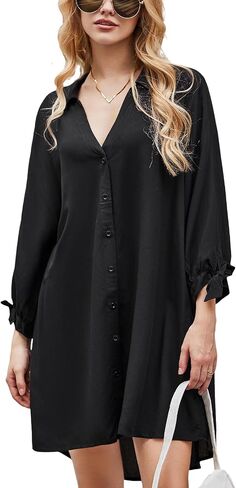 CUPSHE Women Shirt Mini Beach Dress 3/4 Sleeve Button Down Cover Up Dress Midi Summer Dresses in Saudi Arabia