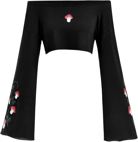SOLY HUX Women's Off Shoulder Bell Long Sleeve Crop Top Mushroom Print Tee T Shirt in Saudi Arabia