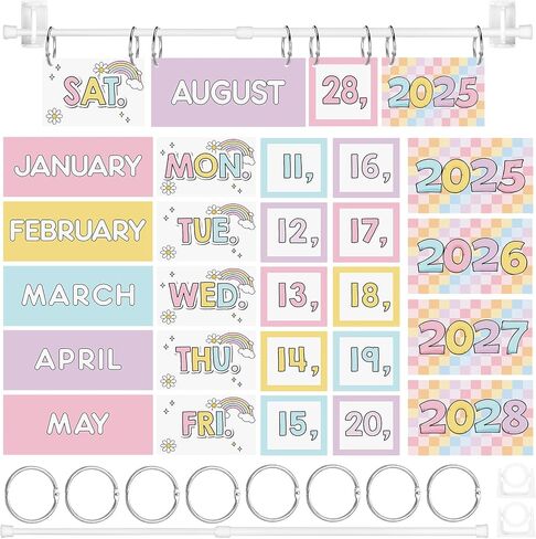Pastel Rainbow Flip Calendar Bulletin Board Set 54 Date Cards for Teacher Classroom Years 2025-2028 Rainbow Flip Calendar with Adjustable Holder and O-rings for Back to School Supplies in Saudi Arabia