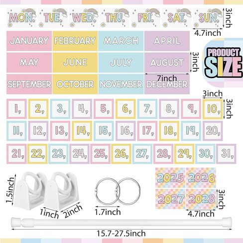 Pastel Rainbow Flip Calendar Bulletin Board Set 54 Date Cards for Teacher Classroom Years 2025-2028 Rainbow Flip Calendar with Adjustable Holder and O-rings for Back to School Supplies in Saudi Arabia