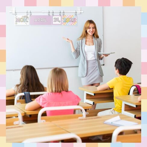 Pastel Rainbow Flip Calendar Bulletin Board Set 54 Date Cards for Teacher Classroom Years 2025-2028 Rainbow Flip Calendar with Adjustable Holder and O-rings for Back to School Supplies in Saudi Arabia