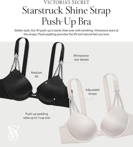 Victoria's Secret Shine Strap Push Up Bra, Adds One Cup Size, Padded, Plunge Neckline, Lace, Bras for Women, Very Sexy Collection, Black Monogram (34C) in Saudi Arabia