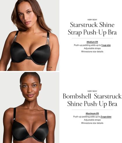 Victoria's Secret Shine Strap Push Up Bra, Adds One Cup Size, Padded, Plunge Neckline, Lace, Bras for Women, Very Sexy Collection, Black Monogram (34C) in Saudi Arabia