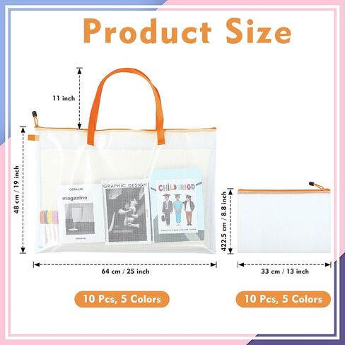 Colarr 20 Pcs Art Portfolio Bag Bulk Include 10 Pack 19 x 25 Waterproof Poster Storage with Zipper Handle for Artwork 10 Pack 13 x 8.8 Transparent Pencil for Bulletin Board Painting (Colorful) in Kuwait