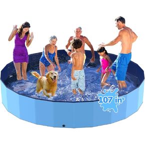 107'' Foldable Dog Pool, Kiddie Pool, Heavy Duty Non-Slip Plastic Pet Wading Pool for Large Dogs, Indoor and Outdoor Kids Pet Dog Bathtub