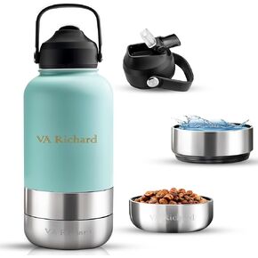 3 in 1 Stainless Steel 32oz Insulated Dog Water Bottle with 2 Bowls & Modern Anti-Dust Lid | Leak-Proof Dog Portable Water Bottle for Walking, Travel, Hiking | Dual Use for Dogs & Humans | BPA-Free