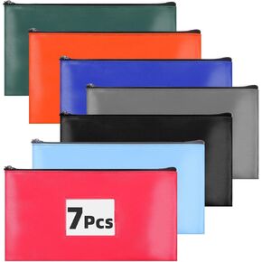 7 Pack Bank Deposit Money Bags with Zipper, 7 Colors Leather Bags Wallet Pouches with Label, Makeup Bag for Cash, Coins, Cosmetics, Invoice, Bills, Tools (11 x 6.3 Inches)