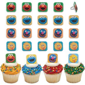 Sesame Street Rings, 24 Cupcake Toppers Featuring Elmo, Big Bird, Cookie Monster, Grover, Bright Colorful Cupcake Decorations, Food Safe - 24 Pack