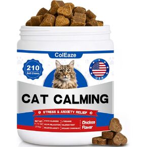 Calming Chews for Cats, Cat Calming Treats - Cat Anxiety Relief, Helps Reduce Stress & Promotes Relaxation for Travel, Boarding, Vet Visits, Separation Anxiety - Chicken (210 Soft Chews)
