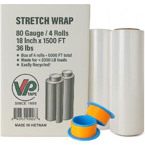 18" Stretch Film/Wrap 1500 feet 80 Gauge Industrial, Clear Packing Moving Packaging Heavy Duty Shrink Film (1 Roll)