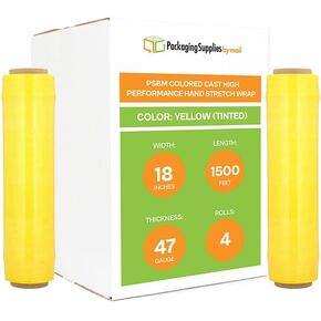 PSBM Yellow Stretch Wrap, 4 Pack, 18 Inch x 1500 Feet, 47 Gauge, Tinted/Transparent Hand Stretch Film Rolls for Packaging Moving Packing Pallets