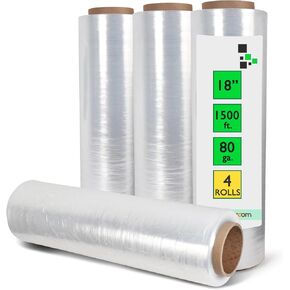4 Rolls 18 inch x 1500 Feet Stretch Wrap 80 Gauge Heavy Duty Shrink Film, Extra Strong 18 inch Clear Hand Stretch Wrap