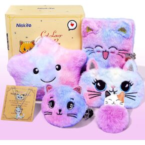 Cat Gifts For Girls, Birthday Gift Set With Star Pillow Cat Locked Diary Eye Mask Bracelet Necklace Keychain, Gifts For 4 5 6 7 8 9 10 Year Old Girl Toys