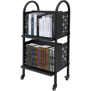 2 Tiers Rolling Library Book Cart with 4 Compartments, Moveable Book Organization Rack 50 lbs Library Cart with Lockable Wheels, Single Sided Flat Shelves for Home Shelves Office and School
