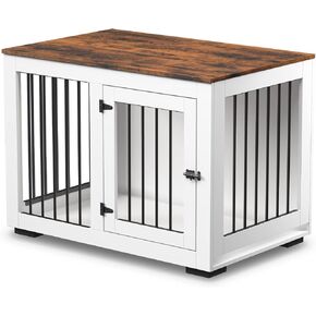 White Dog Crate Furniture for Large Dogs Up to 60 lbs. - Decorative Puppy Kennel w/Wide Farmhouse Table Top & Steel Bars - 37'' Wide - Modern Dog Crate Table, End Table, Nightstand
