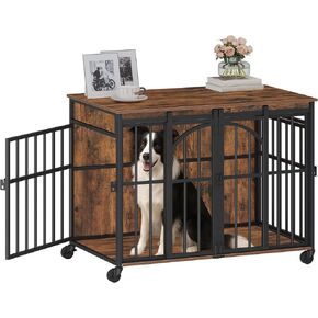 37.4" Dog Crate Furniture with Wheels, Wooden Pet Cage Indoor with Barn Door, L Dog Kennel Heavy Duty, Decorative Pet Crate for Small/Medium Dogs, End Table TV Stand, Rustic Brown DFC86201B