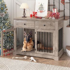 Dog Crate Furniture, 44 Inch Wooden Dog Kennel Indoor with 2 Storage Drawers, Heavy Duty Large Crate Furniture, Decorative End Table Cage Furniture for Small/Medium/Large (White)