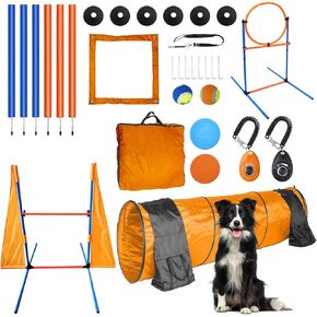Dog Agility Training Equipment Set Outdoor Indoor Game, Tire Jump + Hurdle Jump, Tunnel, Weave Poles, Pause, 2 Toy Balls, 2 Discs, 1 Whistle, 1 Bag, 2 Training Clicker Backyard Dog Obstacle Course Kit