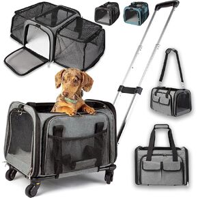 Pet Carrier with Wheels - United Delta American Frontier Airline Approved - Two Expandable Sides, Multiple Storage Pockets Adjustable Leash - Rolling Dog and Cat Carrier TSA Compliant (Blue)