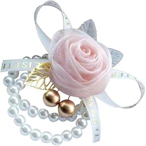 Elegant Rose Flower Wrist Corsage Floral Pearls Elastic Bracelet for Bridesmaids Adjustable Wristband Wedding Party