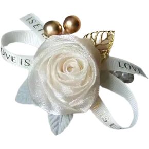 Elegant Rose Flower Wrist Corsage Floral Pearls Elastic Bracelet for Bridesmaids Adjustable Wristband Wedding Party