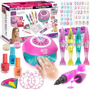 Amagoing Kids Nail Polish Set for Girls, Nail Kit for Girls Ages 7-12 with Nail Dryer, 2 in 1 Nail Pens, Sticky Cartoon Press on Fake Nail, DIY Sticker, Nail Set Play Salon Birthday Christmas Gift
