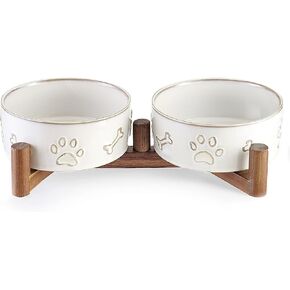 Getstar Ceramic Dog Bowls with Acacia Wood Stand, 30 fl oz, Set of 2, Dog Food Bowl