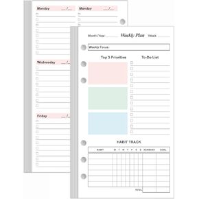 A6 Weekly Planner Refills for Filofax Personal Binders, 53 Sheets/106 Pages Undated Colorful Weekly Planner, 6-Hole Punched, 100 gsm White Paper, Lasts 1 Year, Undated, 3.75" x 6.75"