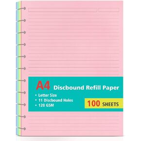 Letter Size 11 Discs 120gsm Discbound Refill Paper, Discbound 5 Colorful Line Papers, Disc Paper Refill, Loose-Leaf Papers, Disc Planner Inserts, 100 Sheets/200 Pages