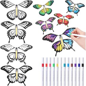44 Pcs Flying Butterfly Craft Kit with 32 Wind up Butterflies and 12 Color Pens People Painting White Paper Butterflies DIY Toy for Party Game School Activity Birthday Gift (Style 2)