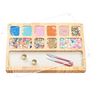 Chunful Beads Sorting Tray with Scoop Wooden Beading Tray with Magnetic Acrylic Lid and Built in Velvet Mat Bead Boards for Jewelry Bracelet Making, 12 Compartments