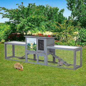 COZIWOW Rabbit Hutch Outdoor, 94.5" Extra Large Bunny Hutch, 2-Story Wooden Rabbit Cage Indoor for 2 or More Bunnies with Pull-Out Tray & Weatherproof Roofs (Grey)