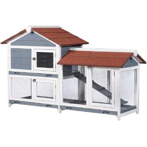 Good Life Two Floors 62" Wooden Outdoor Indoor Roof Waterproof Bunny Hutch Rabbit Cage Guinea Pig Coop PET House for Small to Medium Animals with Stairs and Cleaning Tray PET537
