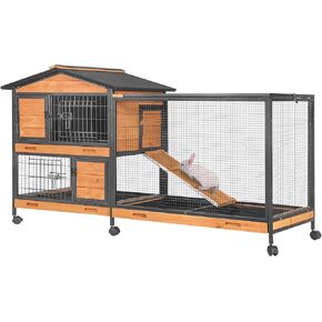GUTINNEEN Rabbit Hutch with Chew-Resistant Ramp Indoor Bunny Cage Outdoor Guinea Pig Cage with Wheels and Leakproof Tray