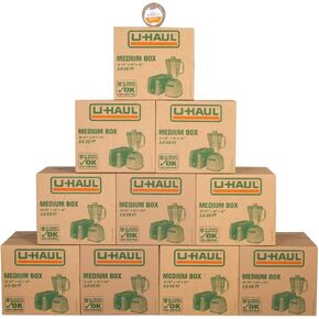 U-Haul Medium Moving Boxes - Pack of 10 Boxes with Handles - 18" x 18 1/8" x 16"- Bonus Roll of Tape Included