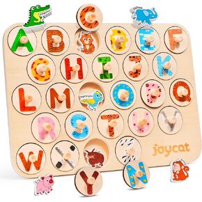 JoyCat Wooden Puzzles for Toddlers 1-3, 52 Pcs Large Size Letter Matching Animal Alphabet Peg Puzzles, Montessori ABC Learning Toy, Gifts for 1 2 3 4 Year Old Boy Girl, Preschool Learning Activities