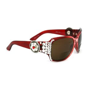 The Medallion, Rope, Bifocal Bling Women Sun glasses Reader, Adorned with Clear Genuine European Crystals, Sun Readers Glasses with Rope Edge Concho, Burgundy + Amber Lens. NY Fifth Avenue.