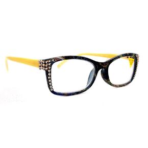 Frida, Crystal Rectangular Bling Women Reading Glasses Adorned w Light Colorado n Black Diamond Genuine European Crystals,Yellow Brown Paisley NY Fifth Avenue.