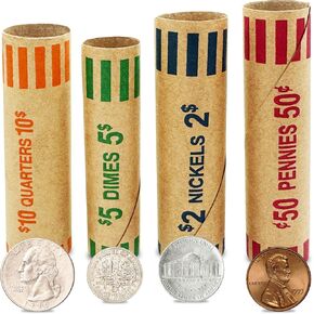 PM Company 128 Pcs Preformed Coin Wrappers Rolls — Assorted Heavy Duty Rolls Wrappers for Quarters, Pennies, Nickels, and Dimes