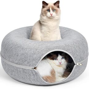24inch-Tunnel Bed for Indoor,cattasaurus Peekaboo cat cave for Multiple,Detachable Felt Felt Washable Interior for Indoor Cats,Donut Tunnel (Dark Grey)