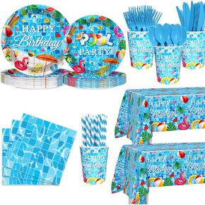 194pcs Pool Birthday Party Decorations for Happy Birthday Party Plates, Cup, Napkin, Tablecloth, Tableware, Summer Pool Party Hawaii Holiday Party Supplies Plates Serve 24 Guests