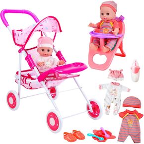 CUTE STONE 12" Baby Doll Playset Pretend Play Baby Care Toy with Stroller, High Chair, Clothes and Accessories for Girls