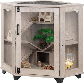 unipaws Chinchillas Cage with Ramp and House, Hedgehog Cage, Critter Nation for Ferret, Mice, Rat, Reptiles, Clear Acrylic, Corner Small Animal Cage
