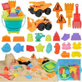 Collapsible Beach Toys Set for Kids 3-10, Collapsible Sand Bucket with Beach Molds and Mesh Bag, 2 Pack Shovels Set Ice Cream Sand Toys for Beach, Sandbox Travel Toys for Kids Toddlers Girls
