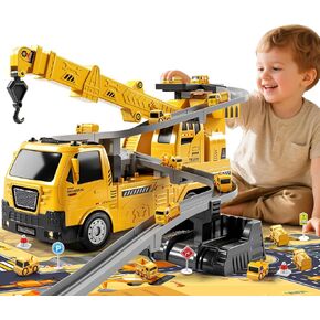 Construction Truck Crane Track Toy for Kids 3 4 5 6 7 8 Years Old, Engineering Excavator Vehicle Race Track with 8 Small Cars, Sound and Light, Boy Toys, Gifts for Toddlers Boy Girl Ages 3-5
